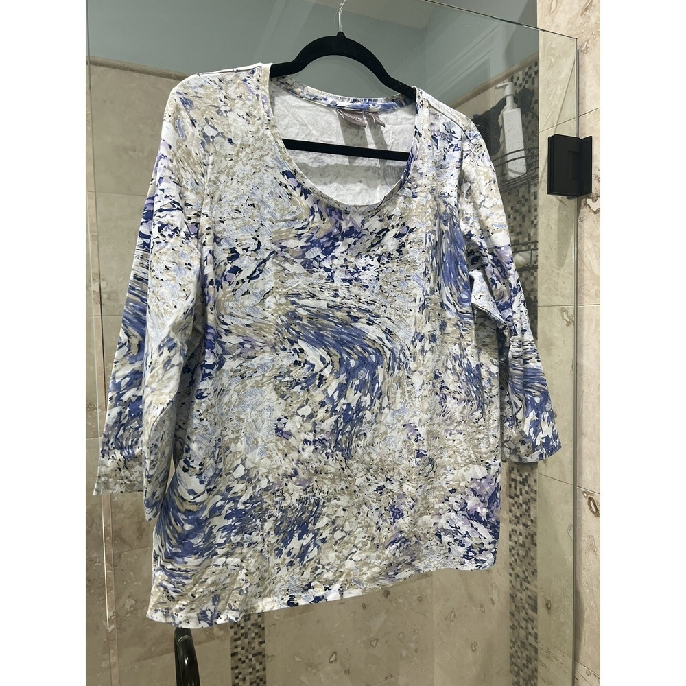 Chicos White Tan Blue Swirl 3/4 Sleeve Tunic Blouse Size 3